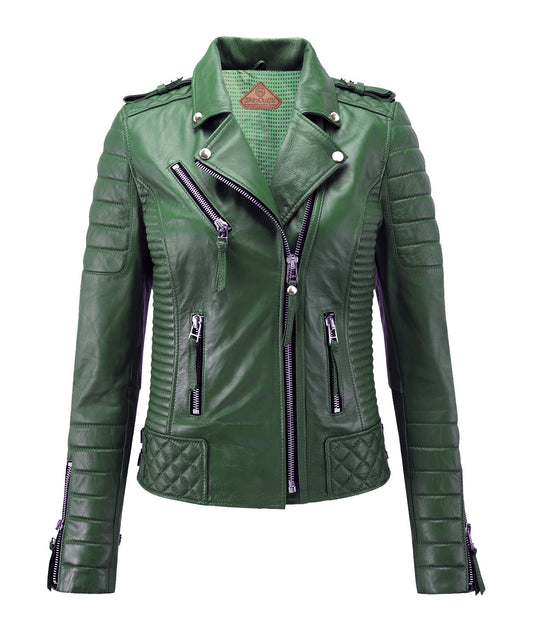 Women's Shiny Green Color Biker Leather Jacket