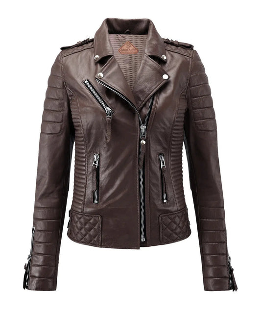 Women's Biker Leather Jacket Black Gold Zipper