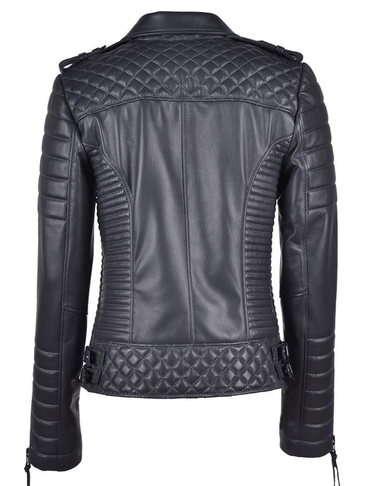 Women's Black Leather Jacket With Gunmetal Zipper 