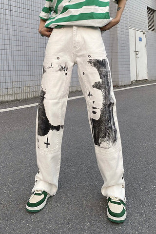 Spoof Graffiti White Jeans | Casual Unisex Jean Pants | H0NEYBEAR