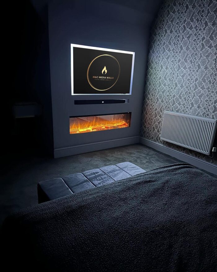 Bedroom Media Wall with Ezee Glow Celestial Built-In Electric Fire