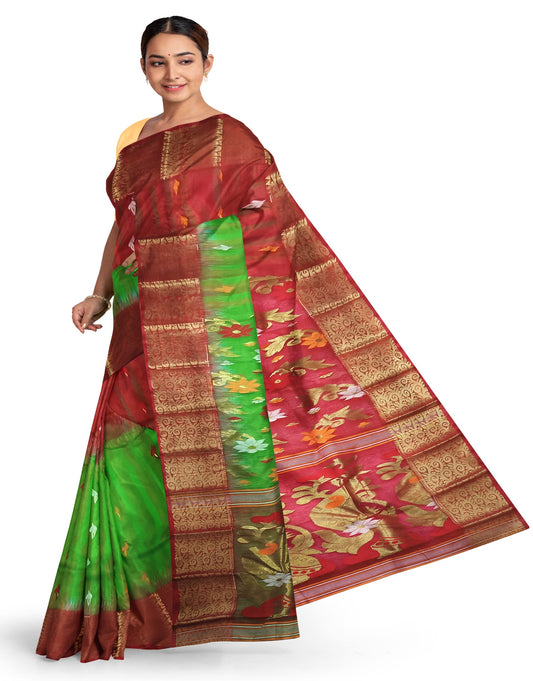 Buy Yellow Red Bengali Tussar Silk Tant Banarasi Saree