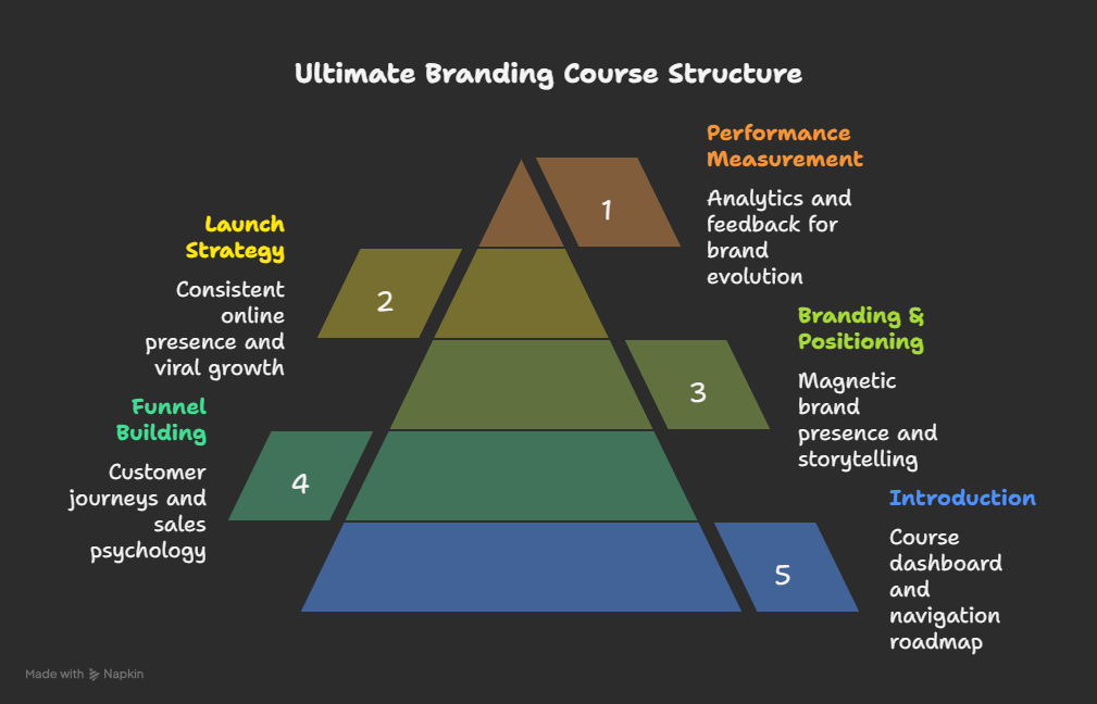 Infographic showing key modules, features, and benefits of The Ultimate Branding Course for building a profitable brand