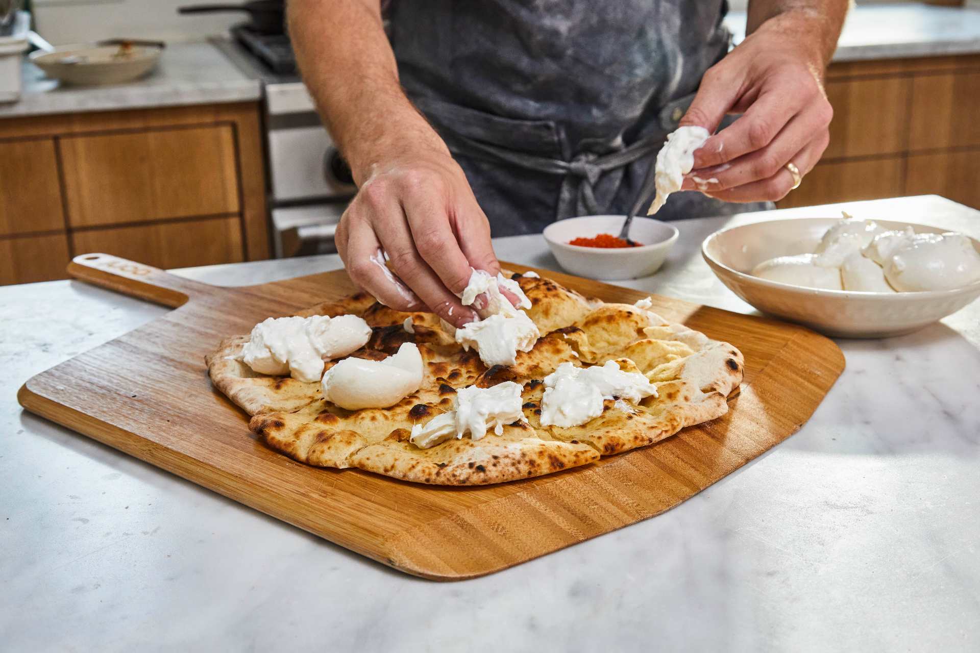 Pizza Crostini with Burrata and Trout Roe