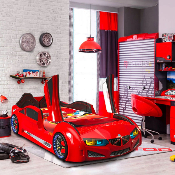Kids race car bed in red color
