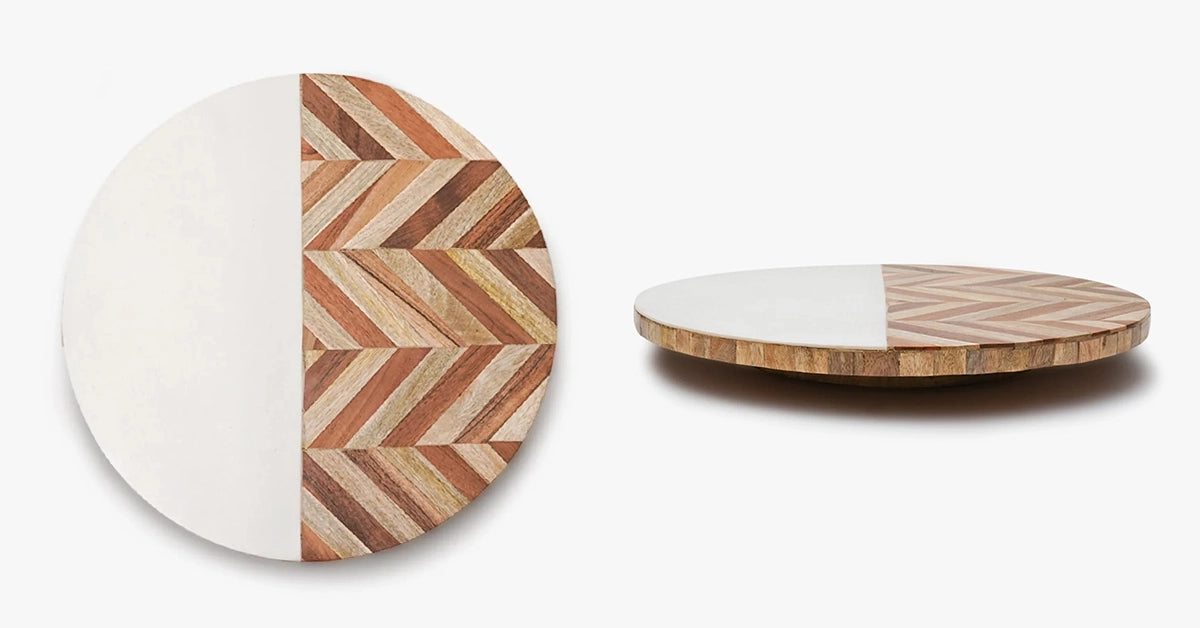 Chevronic Wood and Marble Lazy Susan