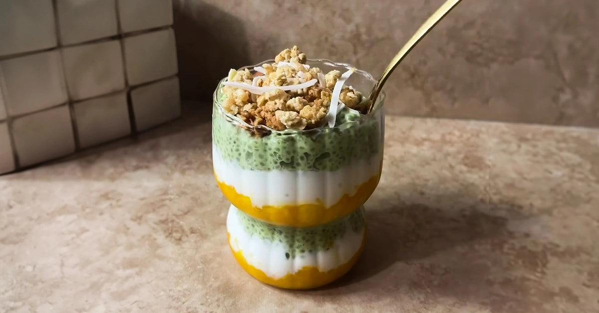 Mango Chia Pudding in drinking glasses