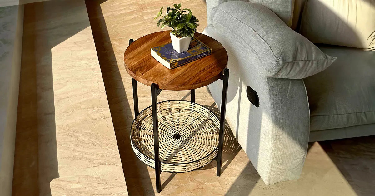 Rattan and Wood Side Table with Storage