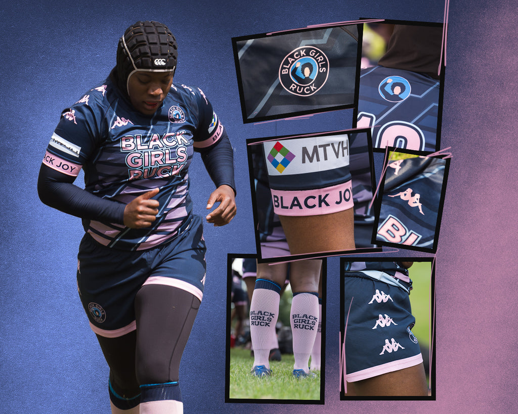 Black Girls Ruck player wearing bespoke Kappa kit with accompanying kit detail images