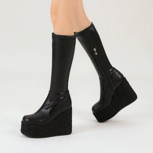 kamames Fashion Wedges Women Knee High Boots Platform High Heel Punk Boots Zipper Autumn Winter Ladies Shoes Black White - kamames