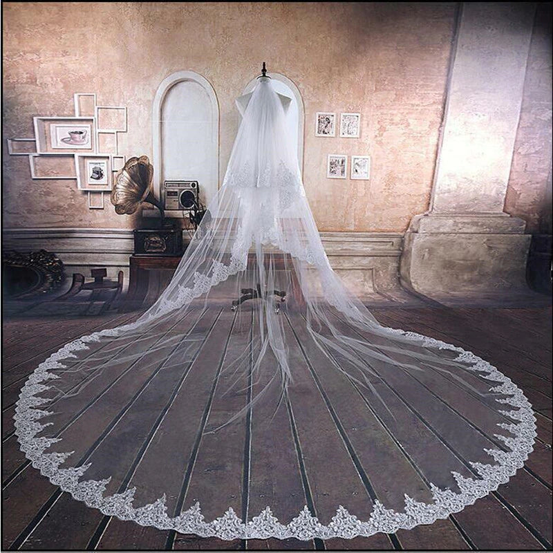 kamames White Ivory Cathedral Wedding Veil Long Lace Edge Bridal Veils Comb veli Two Layers wed veil Blusher Veil Wedding Accessories