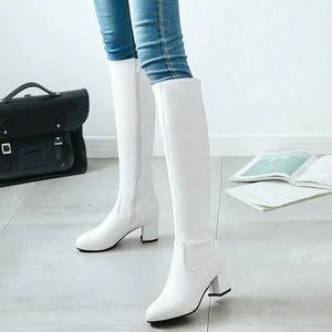 kamames Fashion Zipper Knee High Boots Women Soft Pu Leather Thick High Heels Long Boots Autumn Winter Woman Shoes Size 34-43 - kamames