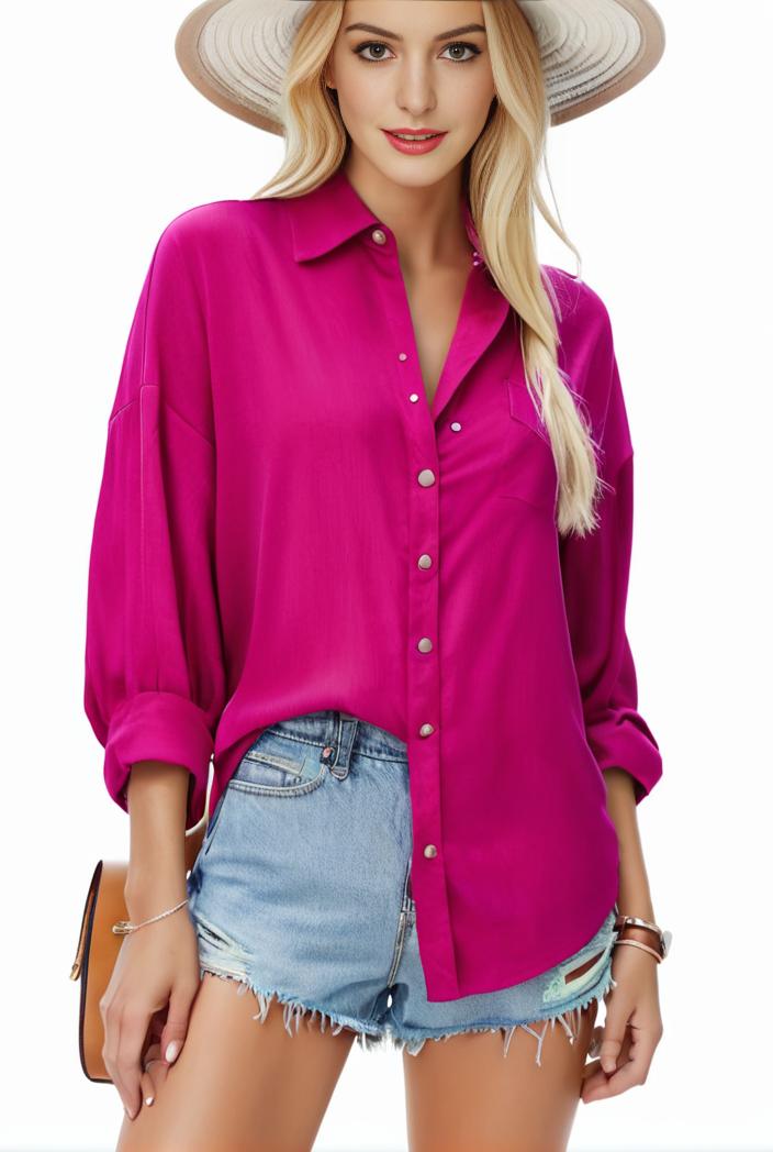 casual button up shirt with front pocket and turn down collar for women