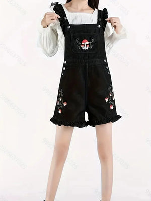 Mushroom Embellished Denim Shortall with Lettuce Trim and Slant Pockets, Niche Denim Jumpsuit, Women's Denim Apparel - techdemo091