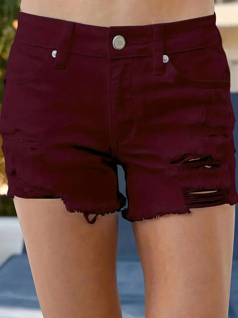 High Waisted White Denim Shorts with Raw Hem and Distressed Pockets