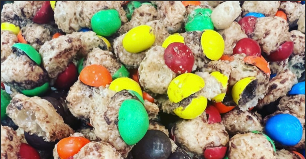 Freeze-dried M&Ms in various colors.