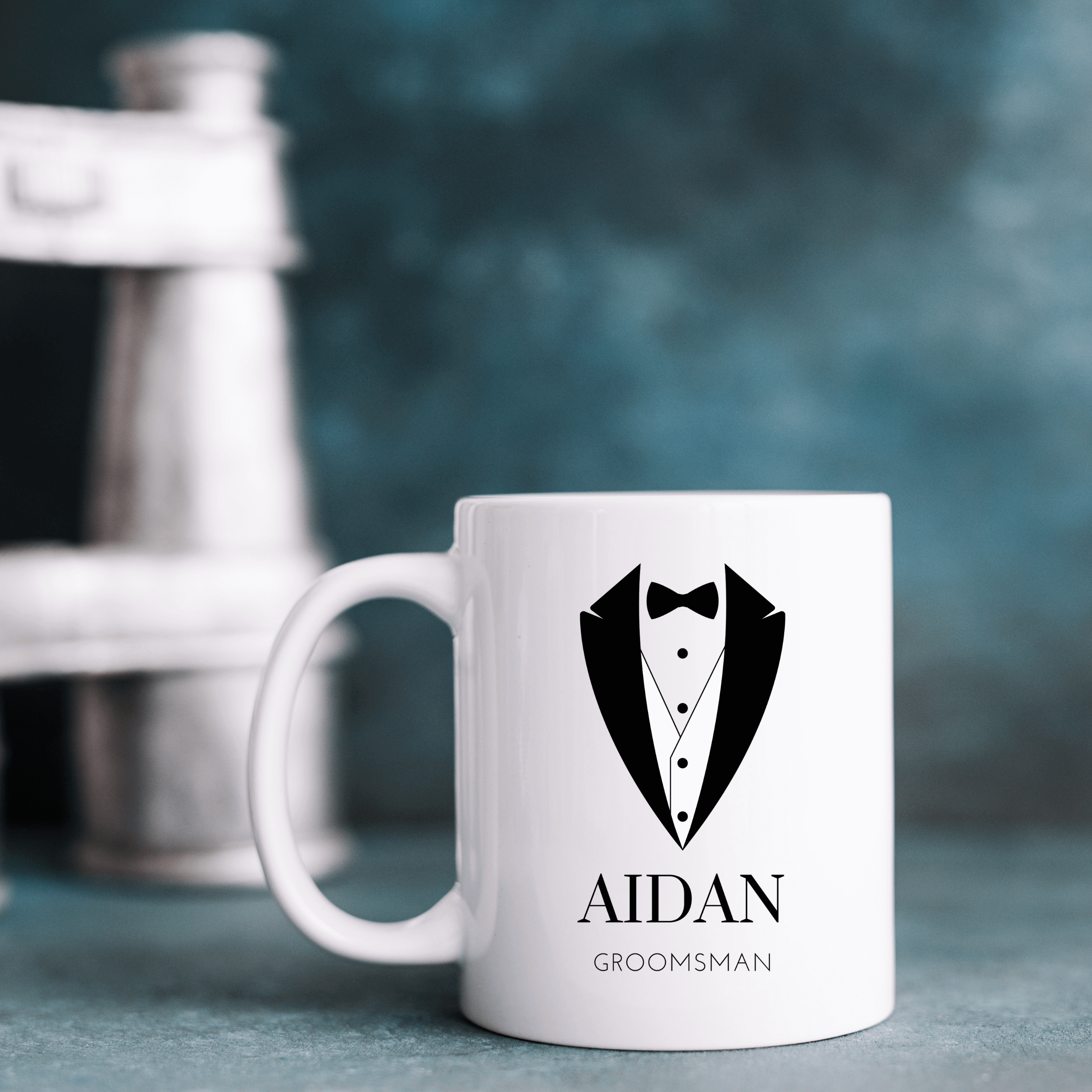Customizable Wedding Party Ceramic Mug - Elegant Tuxedo Design