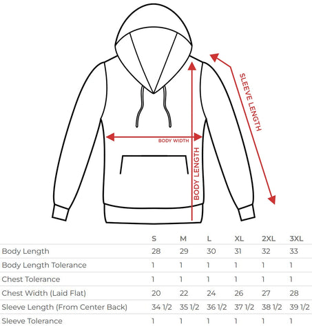 pullover hoodie size chart