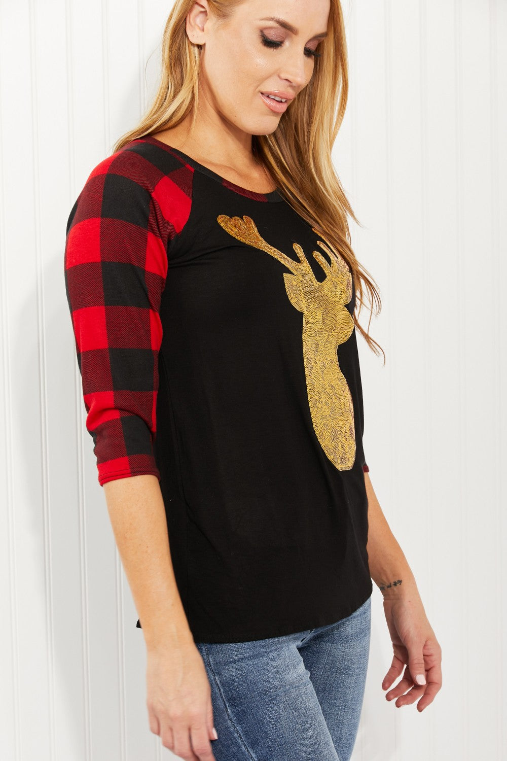Acting Pro Oh Deer Full Size Sequin Plaid Sleeves Top