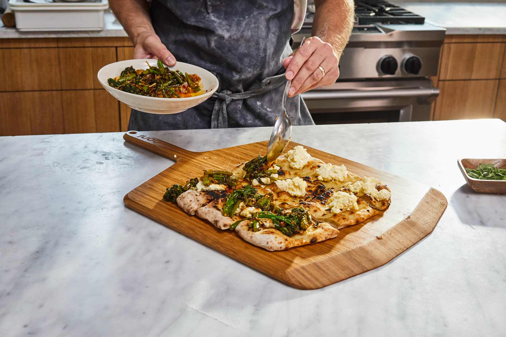 Pizza Crostini with Ricotta and Marinated Broccolini