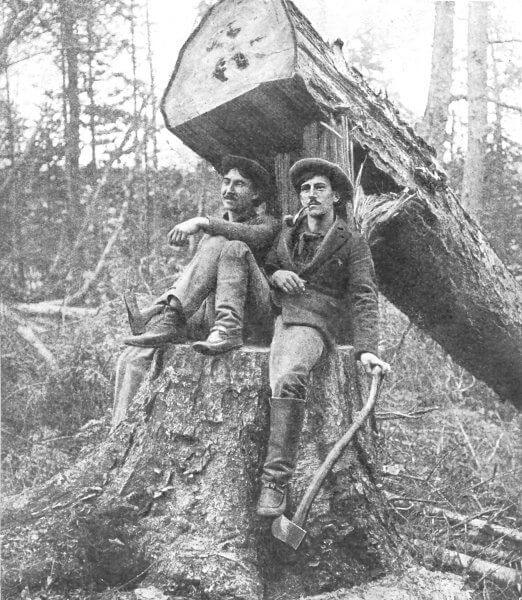 Vintage photo of lumberjacks in black and white