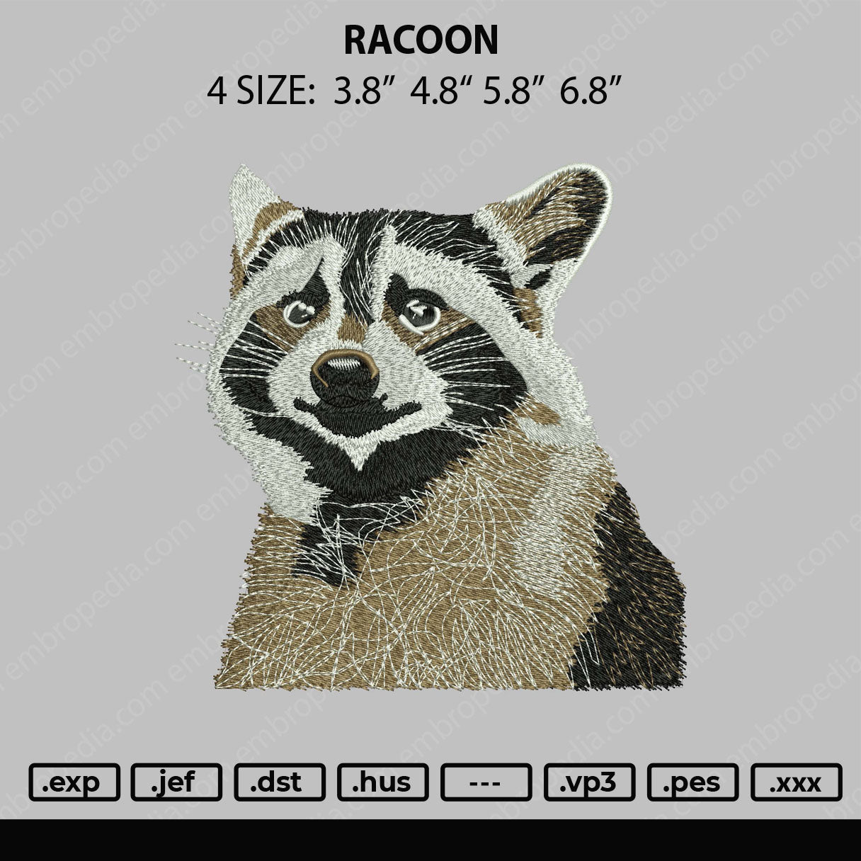 Racoon Embroidery File 4 size