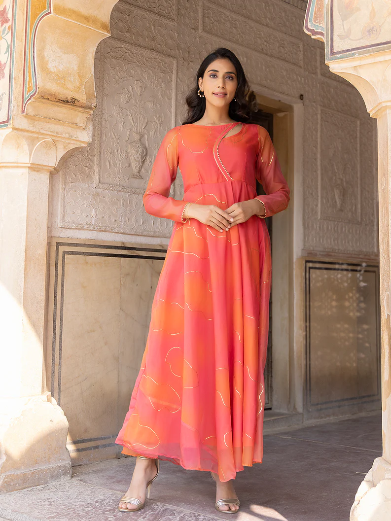 Peach Pink & Orange Shaded Flair Gown for Ladies