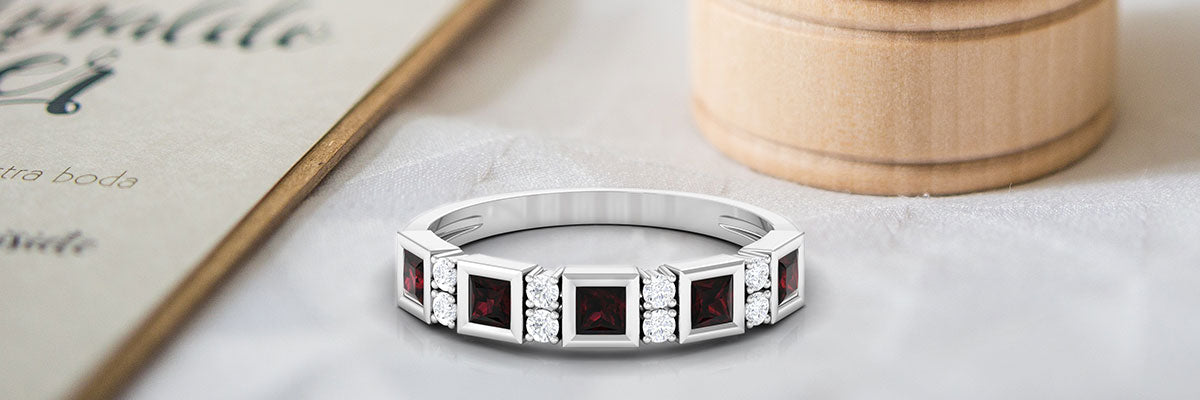 Princess Cut Garnet and Moissanite Eternity Ring