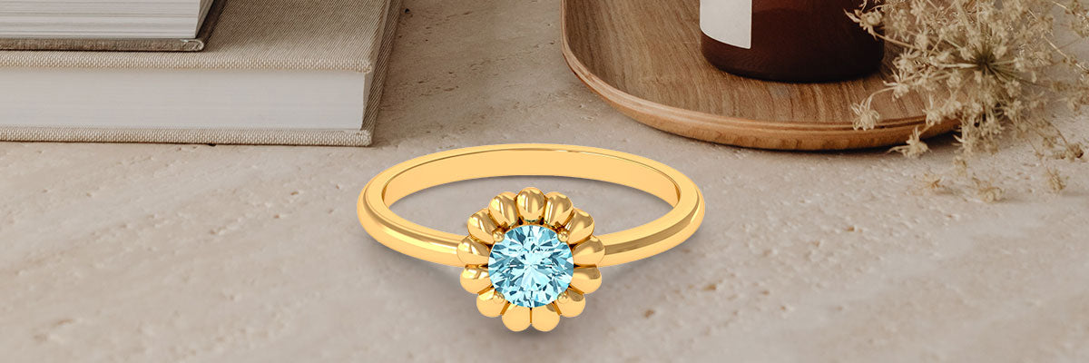 Round Aquamarine Solitaire Flower Ring