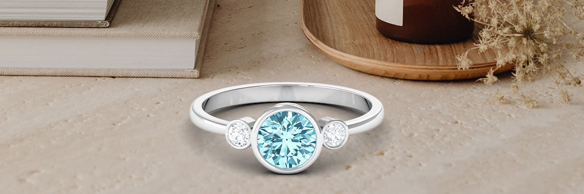 Round Aquamarine Solitaire Ring with Moissanite