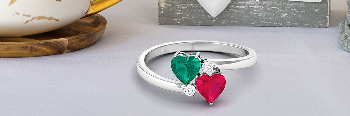 Ruby and Emerald Twin Heart Promise Ring