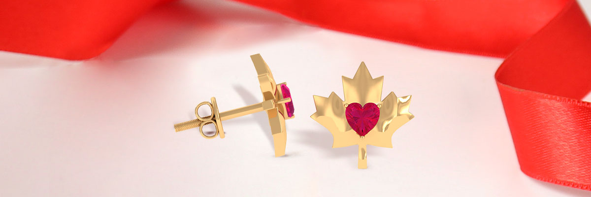 Heart Shape Ruby Maple Leaf Stud Earrings