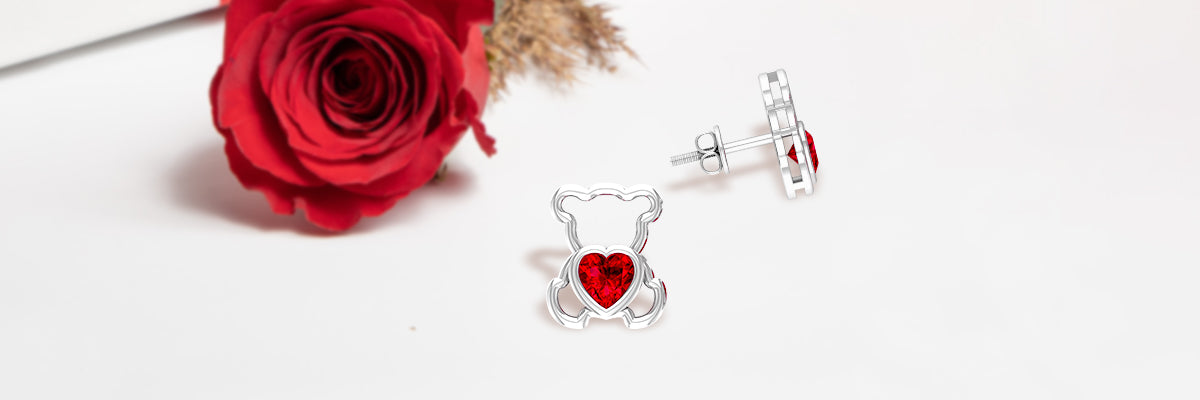 Lovable Lab Grown Ruby Heart Teddy Bear Earrings
