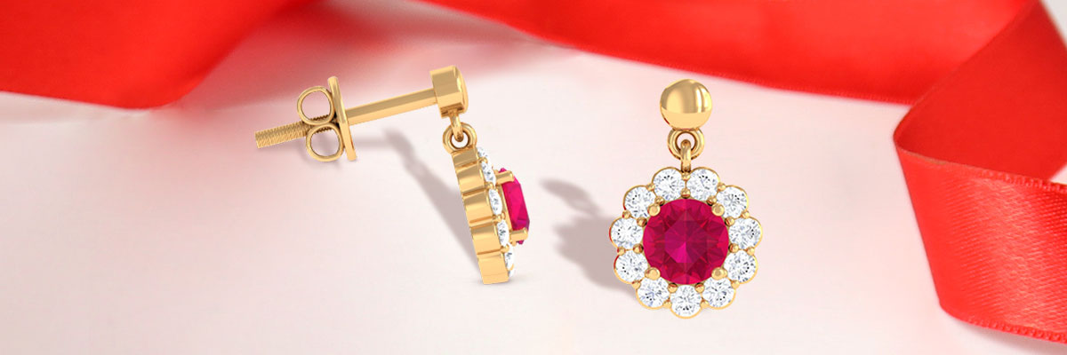 Ruby Floral Halo Drop Earrings with Moissanite