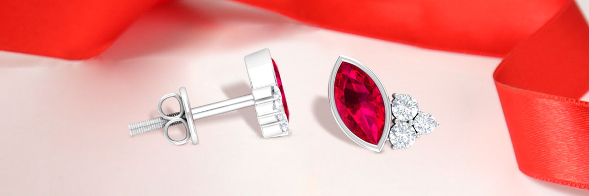 Marquise Ruby Stud Earrings with Moissanite Trio