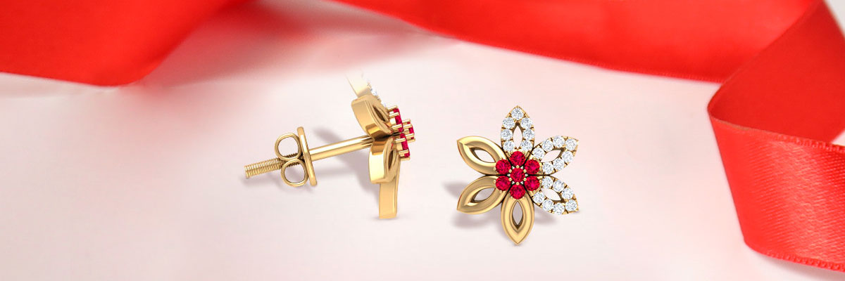 Ruby and Diamond Flower Stud Earrings