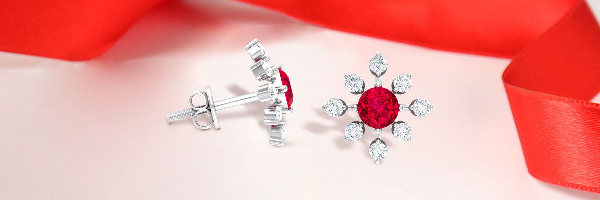 Ruby and Moissanite Snowflake Stud Earrings