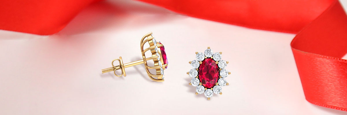 Ruby Oval Stud Earrings with Moissanite Halo