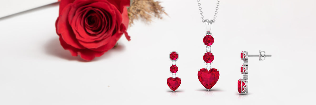 Lab Grown Ruby Dangle Pendant and Earrings Set