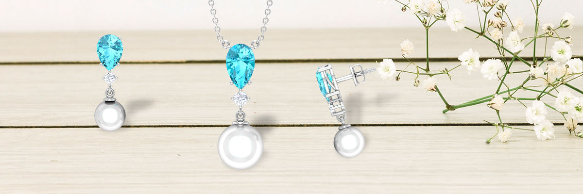 Fresh Water Pearl and Swiss Blue Topaz Dangle Bridal Jewelry Set