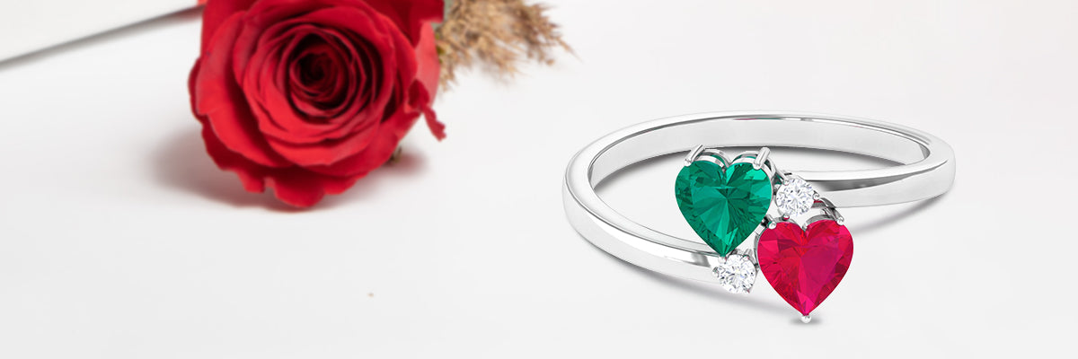 Ruby Emerald Heart Ring with Diamond