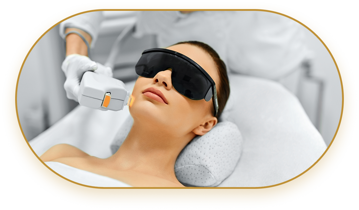 Lady wearing safety goggles having High Intensity Focussed Ultrasound HIFU