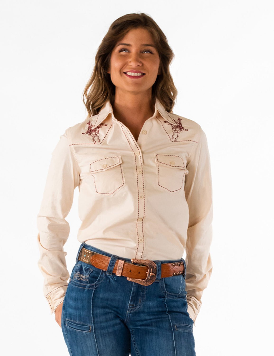 Cowgirl Tuff Womens Pullover Button Up Cream Polyrayon Ls Shirt The Western Company