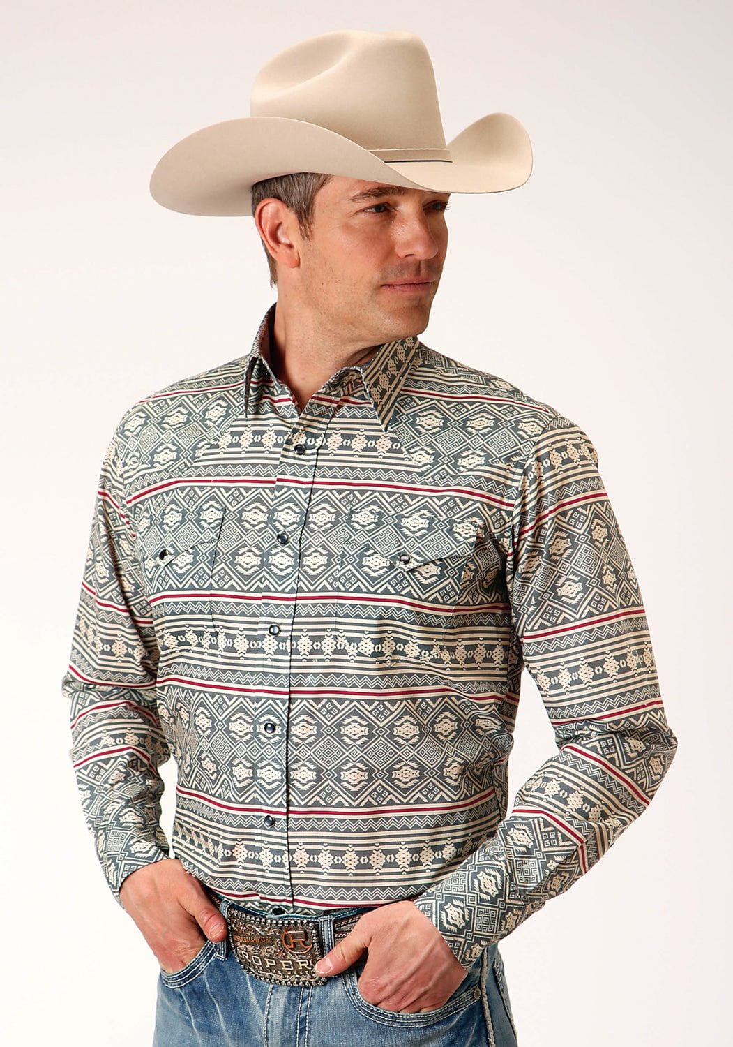 Roper Mens Grey 100% Cotton Tribal Texture L/S West Shirt – The Western ...