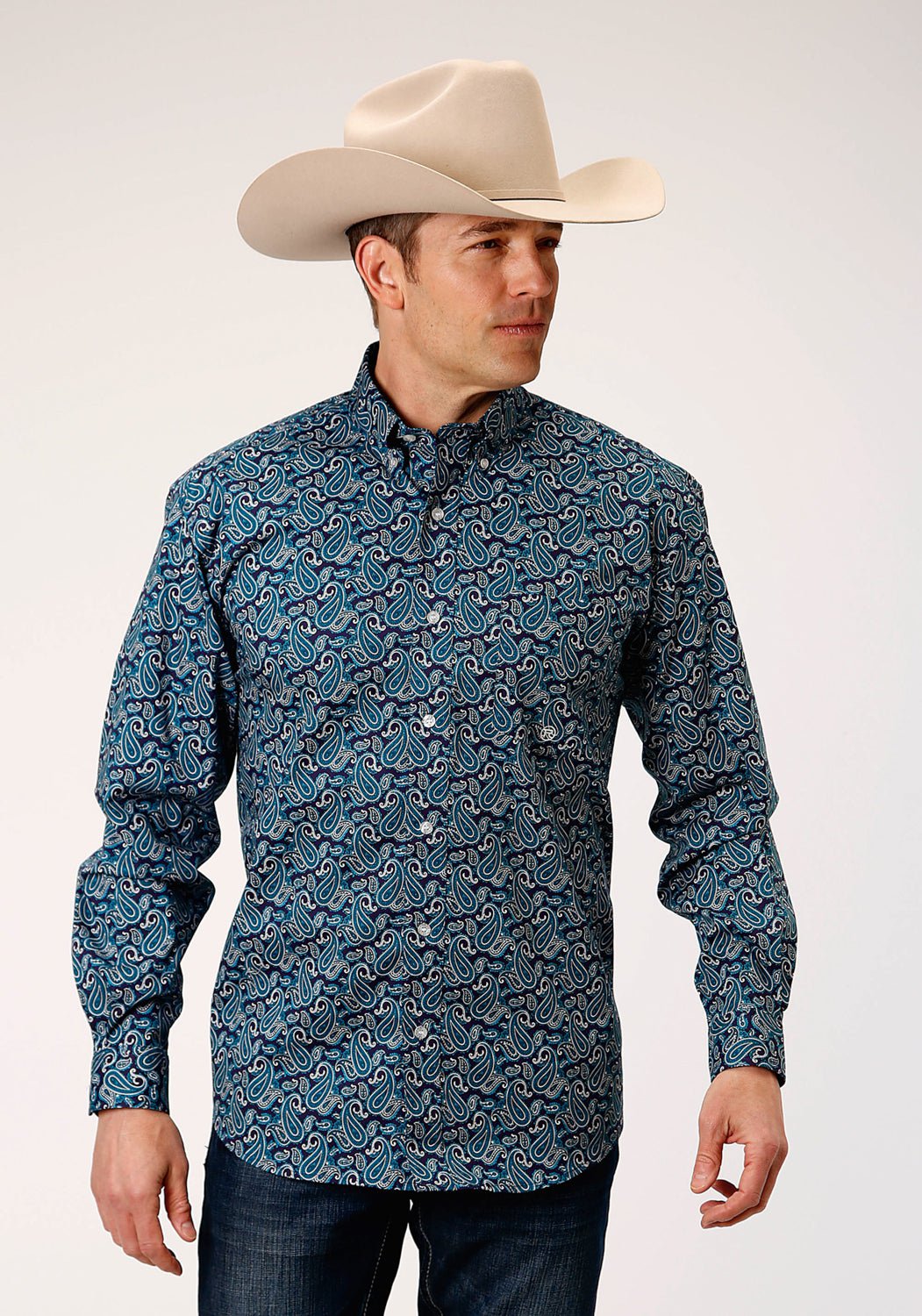 Roper Mens Teal 100% Cotton Purple Sage Paisley BD L/S 1 Pkt Shirt ...