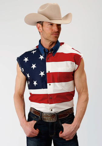 Roper Mens Red 100% Cotton Usa Flag BD S/L Shirt