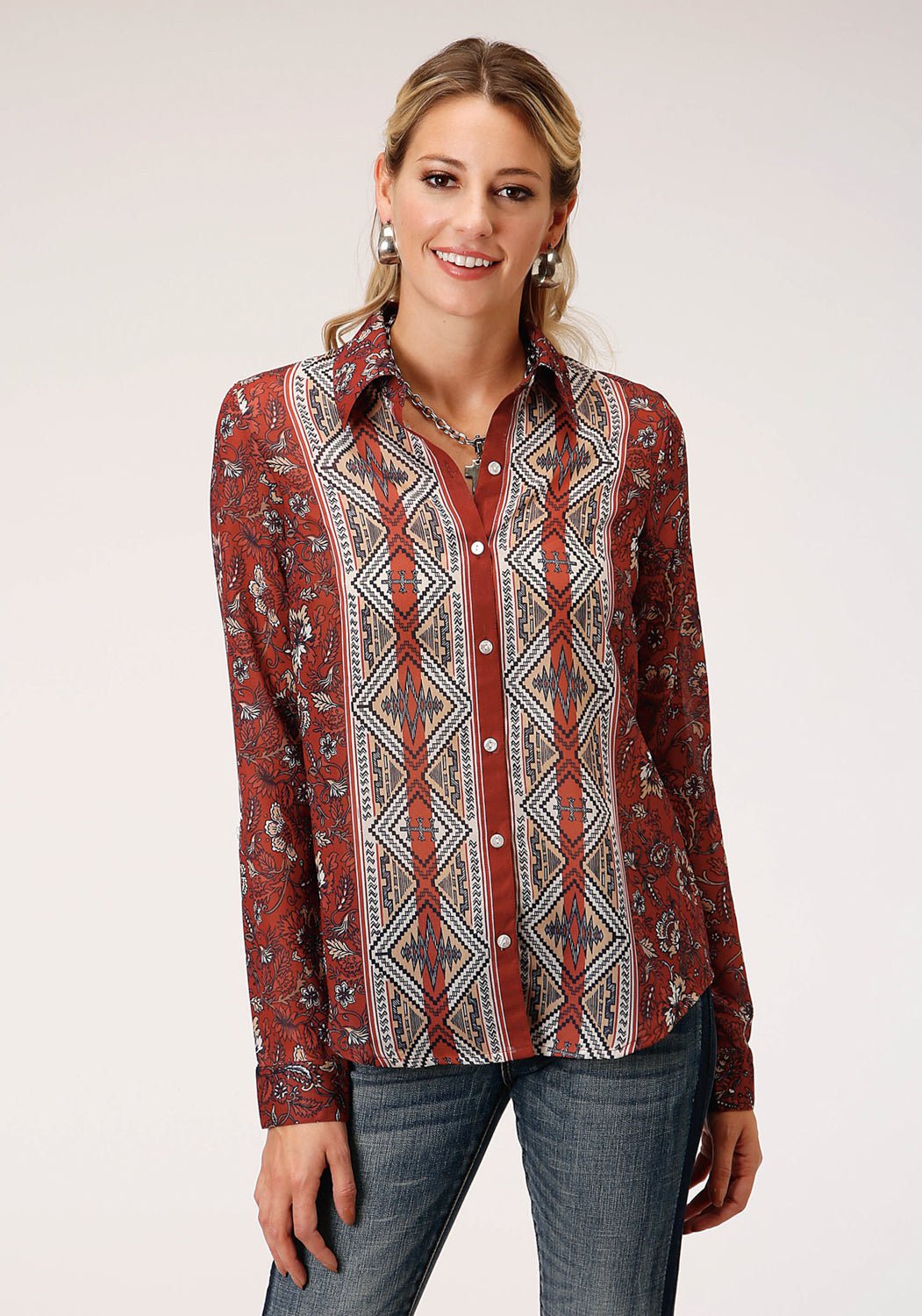 Roper Womens Rust Polyester Floral Border L S Blouse The Western Company