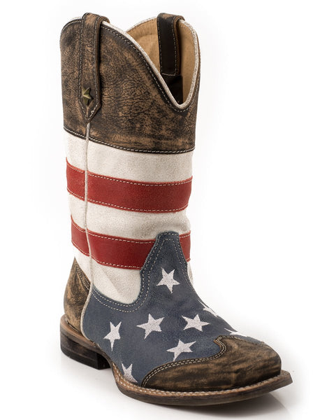 Roper Kids Boys Cowboy Boots Blue Sq Toe American USA Flag Stars Leath – The Western Company