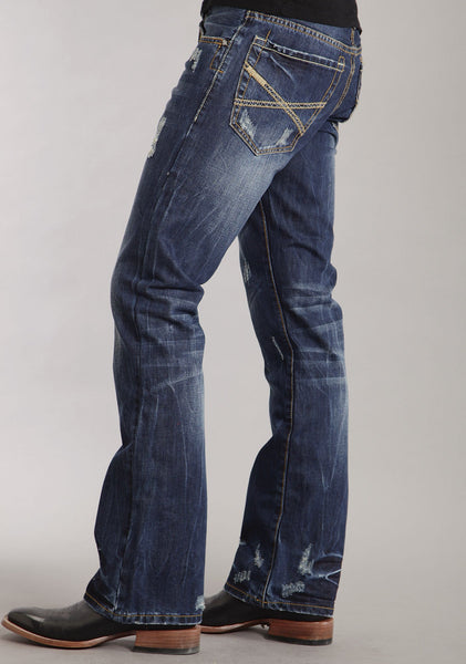 Mens Stetson Blue Cotton Blend Destruction Dark Wash Bootcut Rocks Jea ...