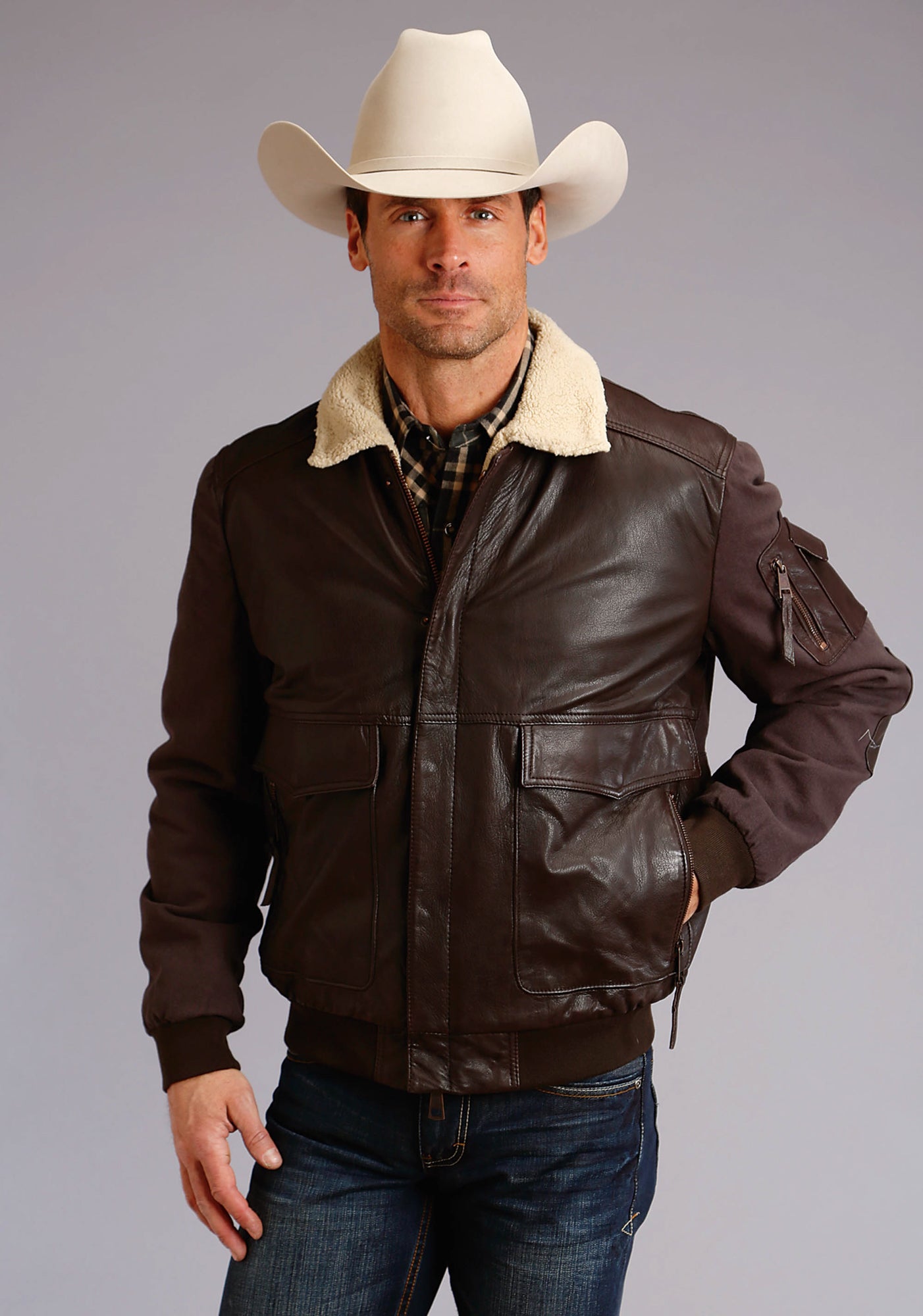 Stetson Mens Dark Brown Leather Canvas Bomber Jacket - The ...